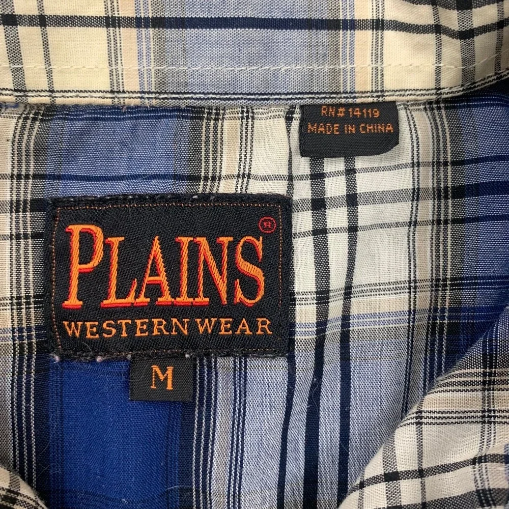 Plains Western Wear Shirt Mens M Blue‎ Plaid Pearl Snap Short Sleeve Yoke